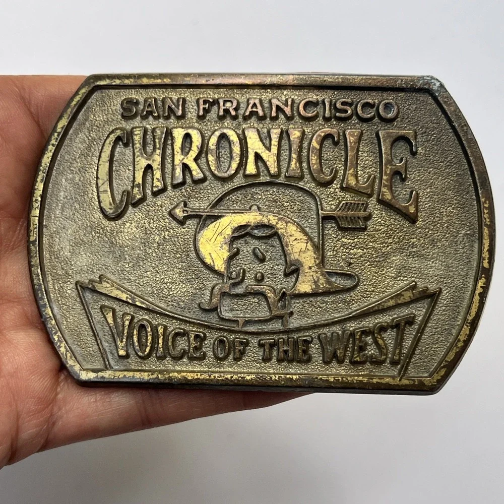 VTG 1970's San Francisco Chronicle Voice Of The West Brass Belt Buckle 3 3/8